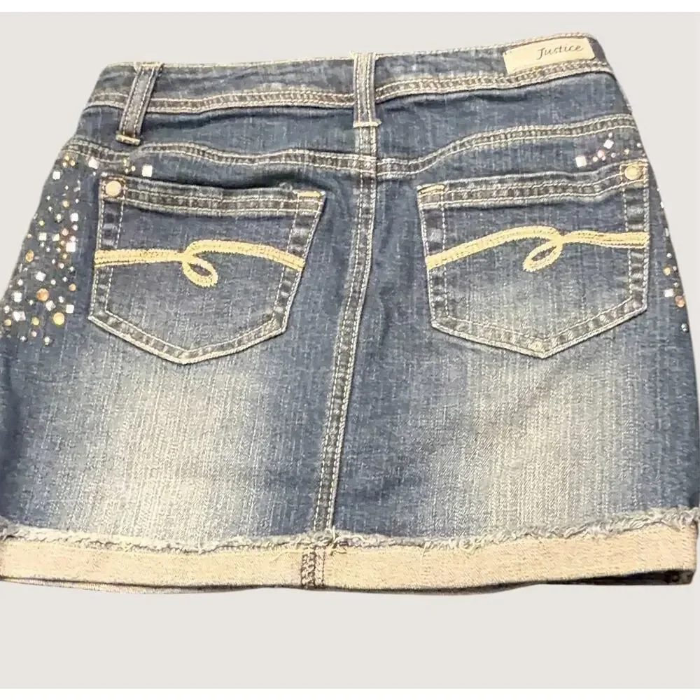 Justice Girls Denim Mini Skirt Size 12 | Y2K Rhinestone Studded | Discontinued